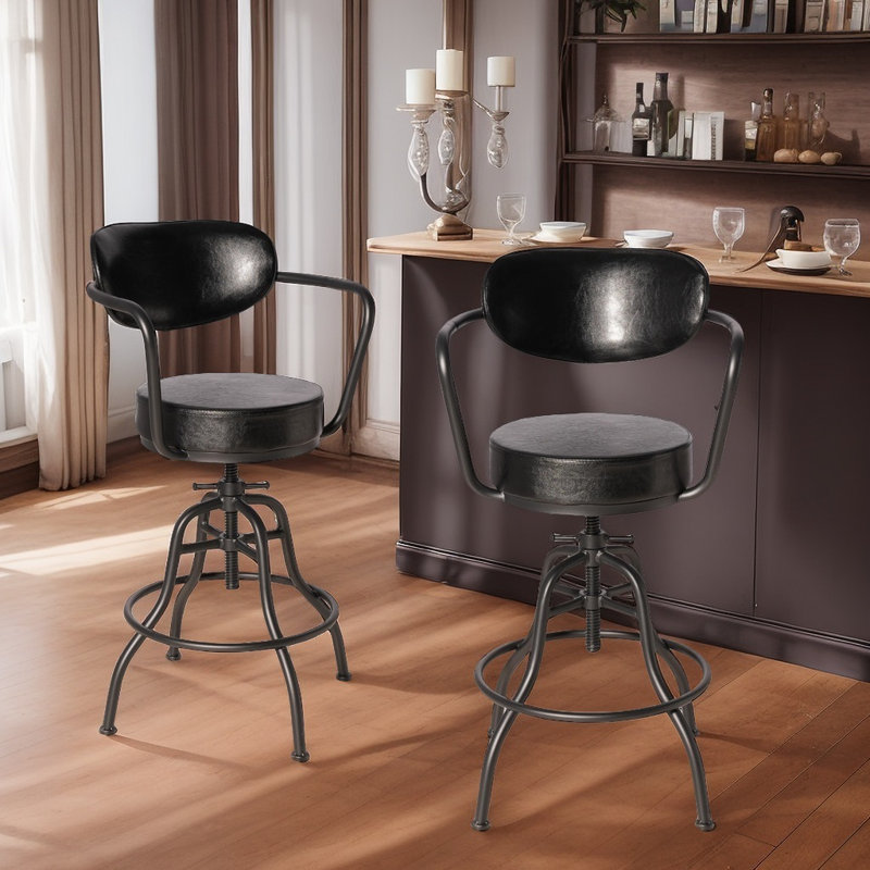 Industrial Bar Stool With Leather Backrest And Cushions 21.7-25.6Inch Height Adjustable Rustic Swivel Office Chairs Vintage Pub Stools For Kitchen Island Dining Room Living Room