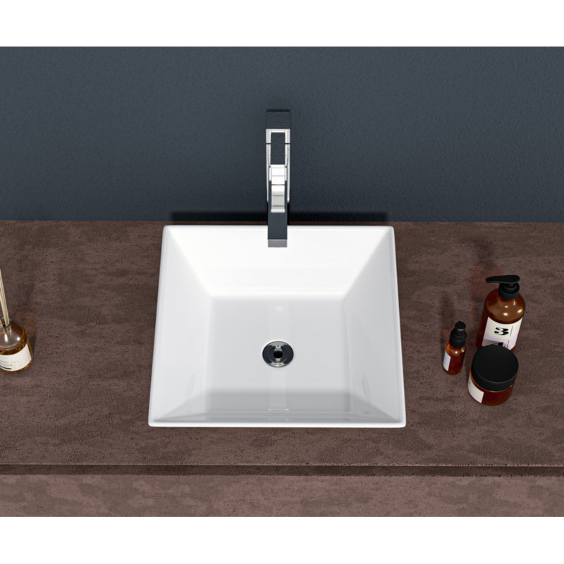 16-Inch White Ceramic Square Vessel Bathroom Sink