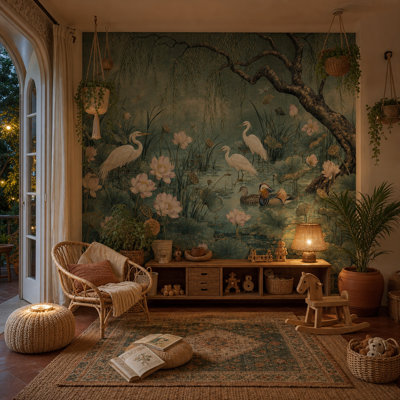 Lotus Pond Wallpaper Willow Tree Egrets Removable Wall Decor