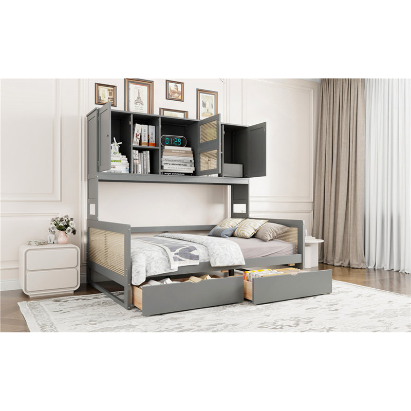 Wooden Daybed With 2 Drawers, And All-In-One Cabinet And Shelf, Gray, Full/Double