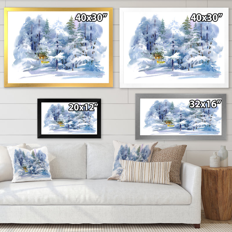 Paysage d'hiver enneigé - Forêt sur toile, H 25,5 po x l 33,5 po x P 1 po, Cadre doré