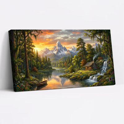 Paysage de montagne avec cabane et rivière, reproduction d'art sur toile tendue sur toile, ensemble de 1