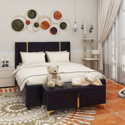 Ensemble de chambre à coucher 2 pièces, lit plateforme tapissier grand avec lit gigogne, 2 tiroirs, veilleuse et charge USB, repose-pieds de rangement avec pieds en métal