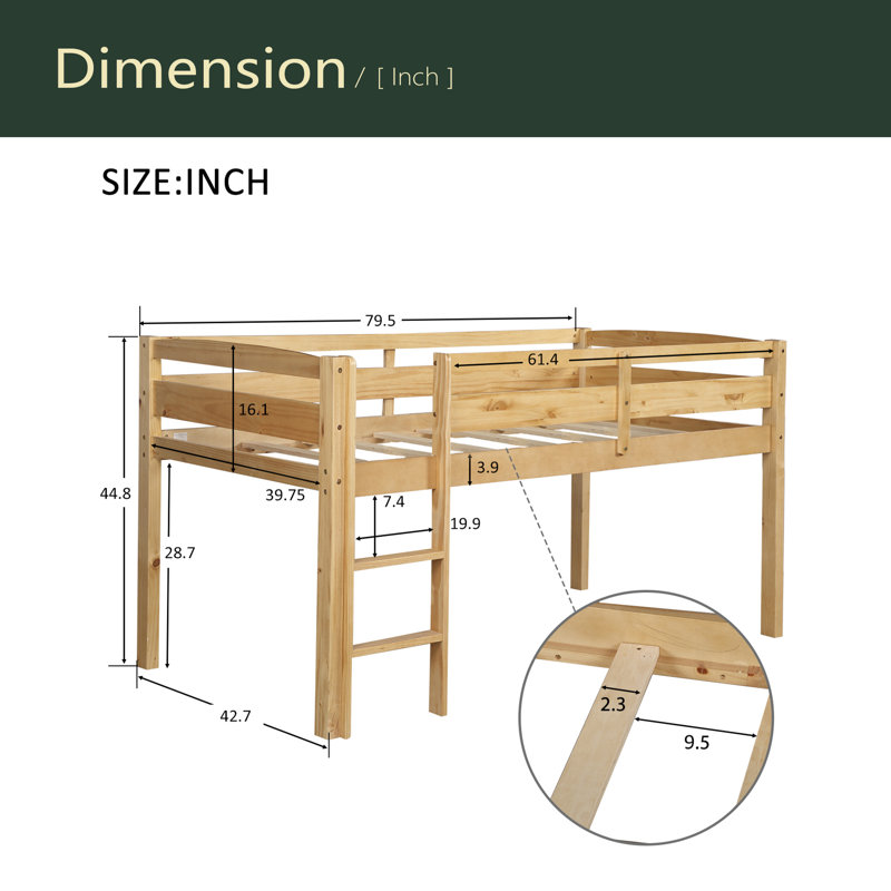 Lit simple mezzanine en bois Lit mezzanine bas avec échelle, lit simple, Noyer