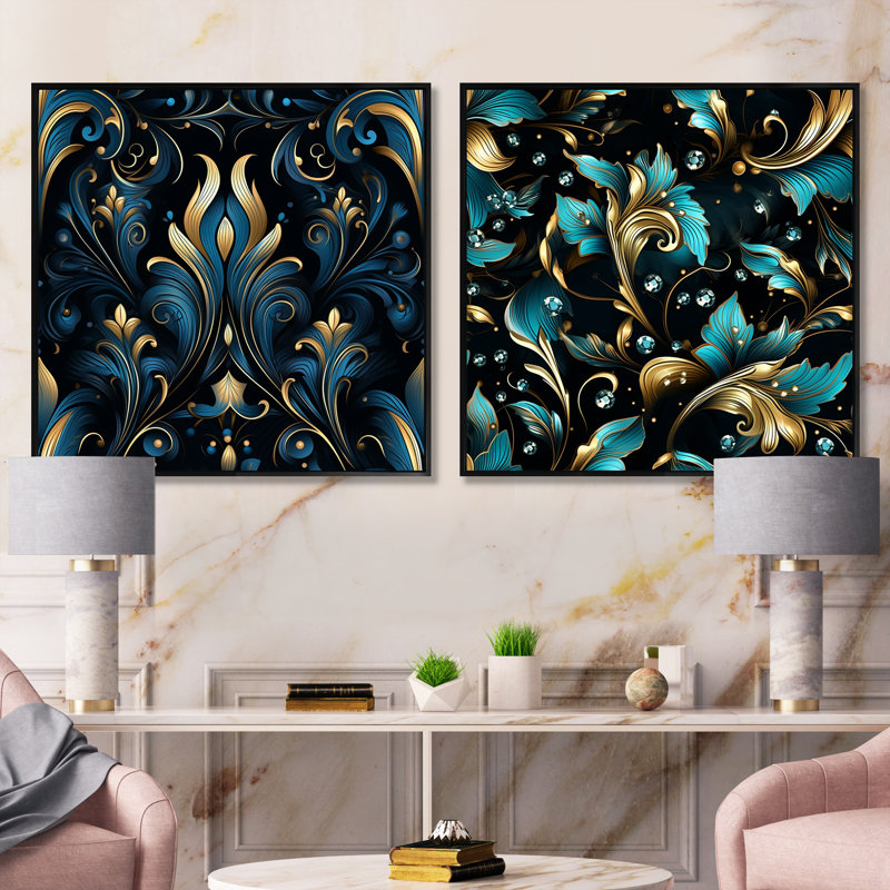 Motif de fleurs bleues et dorées de luxe III - ensemble de collage carré abstrait botaniques, Cadre flottant noir
