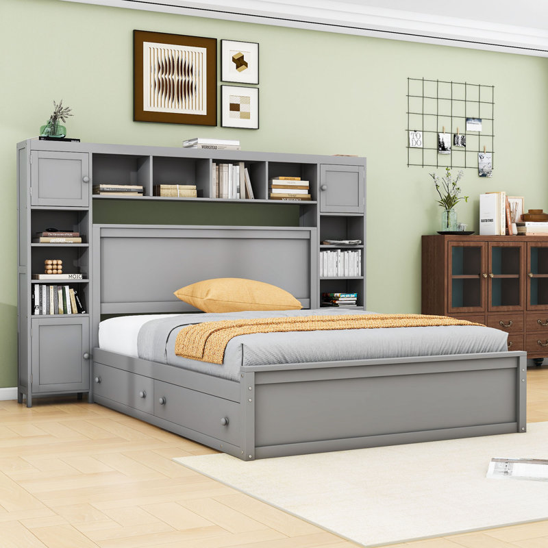Wood Platform Bed with Built-in Outlets and Ample Storage, Queen, Gray