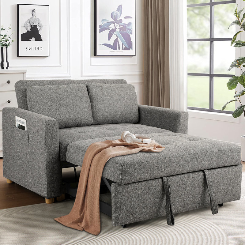 Ross 48.7"W Square Arm Linen Back Convertible Sleeper Sofa with Cushions, Adjustable Backrest for Small Spaces, Living Room