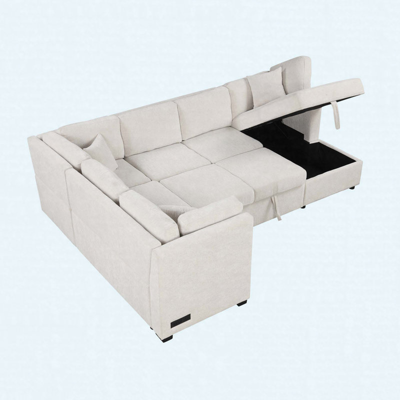 Canapé-lit modulaire en U de 108,6 po avec méridienne de rangement, 3 coussins de dossier, double prise USB et prises de courant