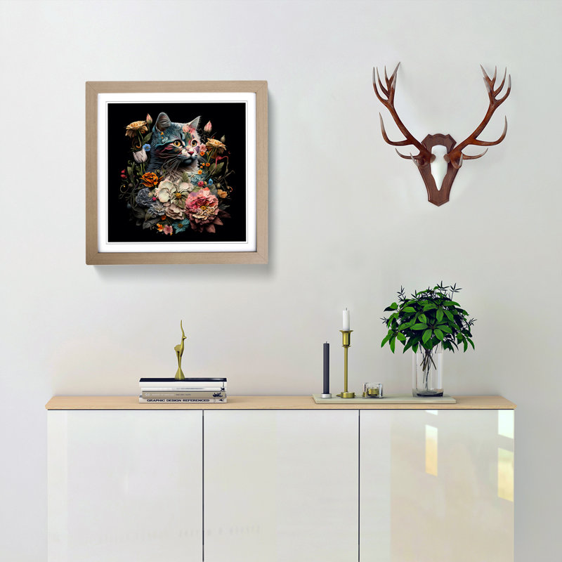 Cat Floral Art No.1 - Single Picture Frame Print on Wood, Oak