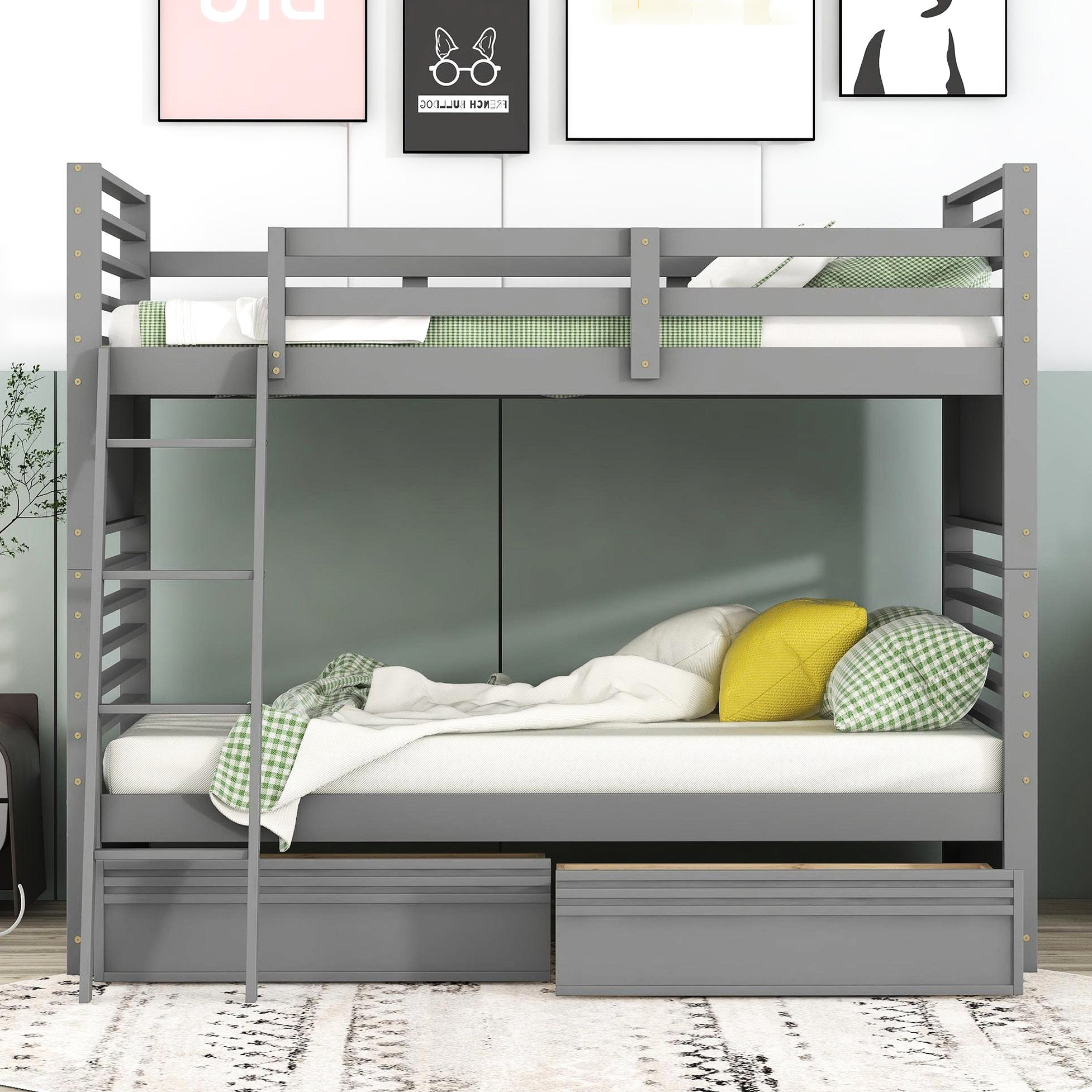 Latitude Run® Twin Over Bunk Bed In Gray With Two Drawers - Safe For ...