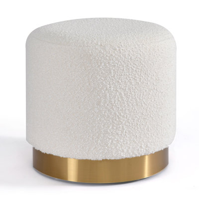 Jorunnr White Boucle Fabric Round Footstool Ottoman with Golden Accent Base Medium Size by Mercer41