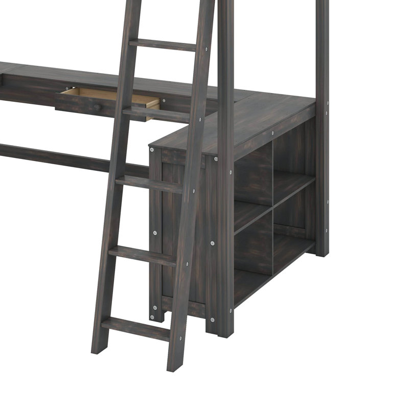 Lit mezzanine double avec bureau en U, tiroirs et tablettes, Brun antique
