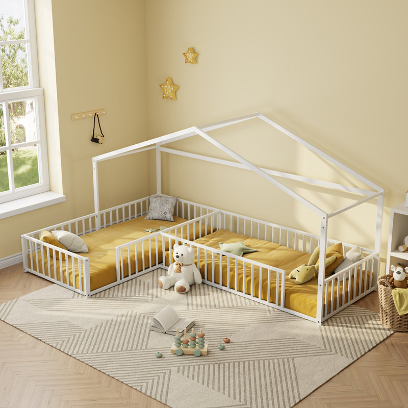 Double Twin Size L-Shaped Montessori Bed, Metal Corner House Bed Frame with Safety Fence, Ideal for Kids' Rooms and Play Areas