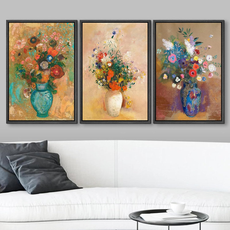3 pièces dans des vases, H 36 po x l 24 po x P 1,5 po, Cadre en plastique noir