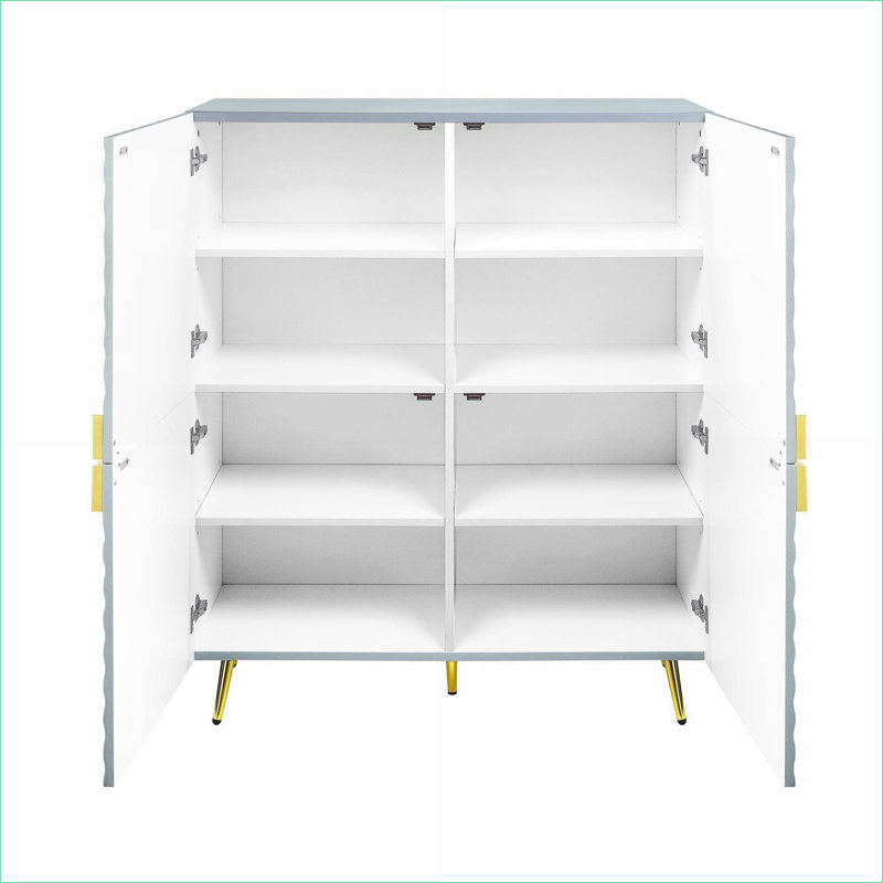 Armoires | Armoire de rangement d'appoint 4 portes haute brillance avec tablettes réglables, pieds en métal, finition gris ardoise ondulée | Contemporain | Salon