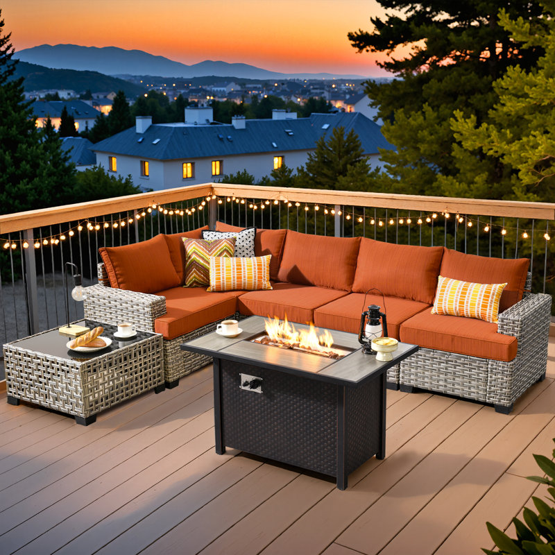 4 - Person Rattan Outdoor Seating Group With Cushions And Fire Pit Table, Orange Red