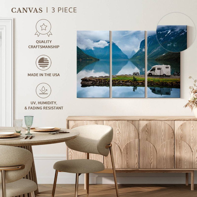 Caravane au bord du lac, H 24 po x l 38 po