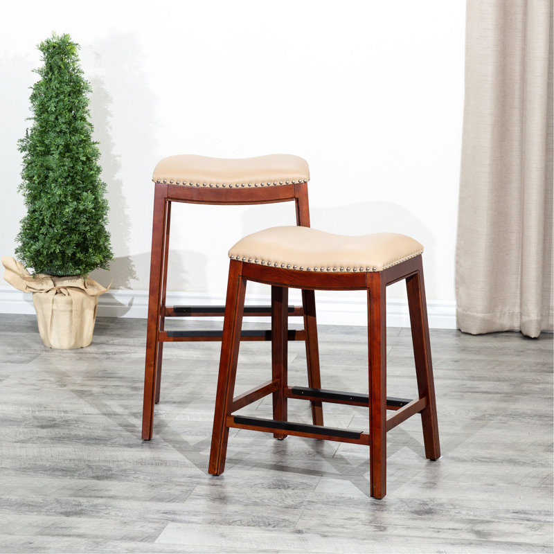 Tabouret de 30 po en cerisier, siège en cuir d'os pour un tabouret de cerisier Space Classy, Beige, Cerisier