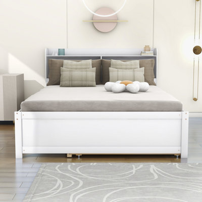 Wooden Platform Bed with Trundle and Shelves