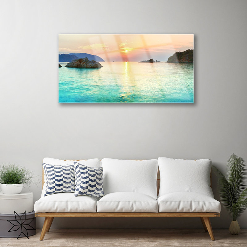 Landscape Sun Sea Rocks - Unframed Photograph on Glass