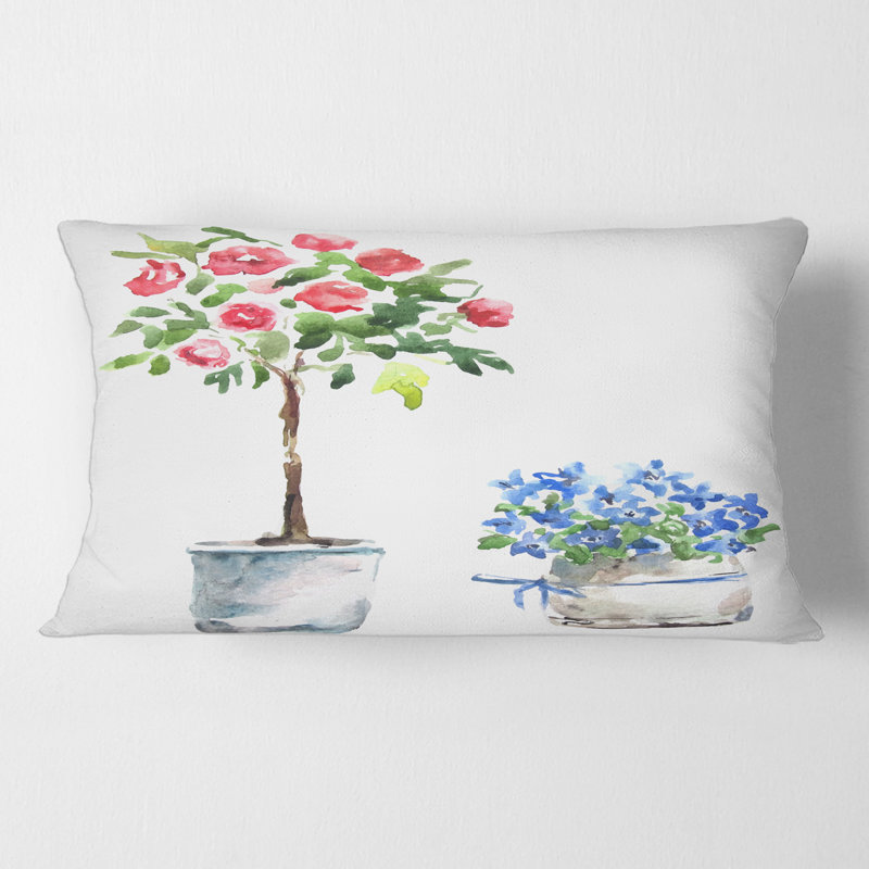 Rectangle, plantes d'intérieur bleues et rouges - Coussin décoratif imprimé traditionnel
