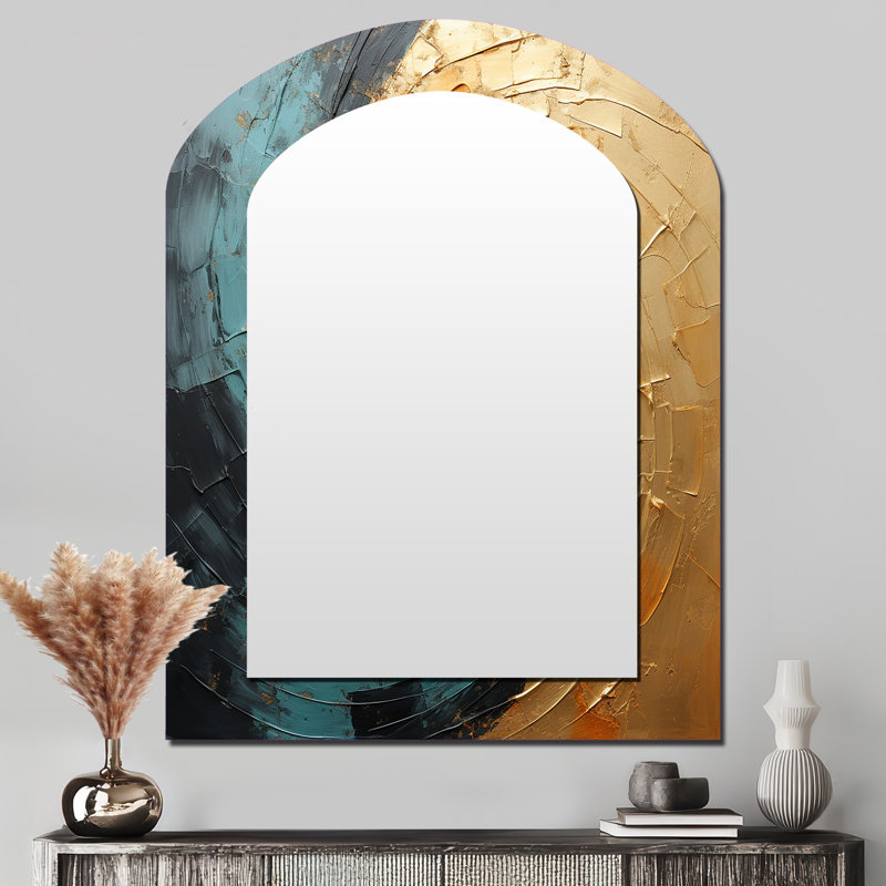 Désert mirage tourbillon Vortex IV - miroir décoratif asymétrique spirales abstraites, miroir mural arqué doré, impression sur métal
