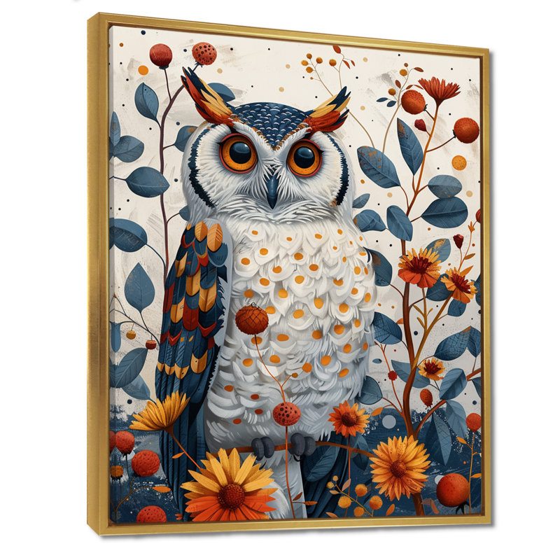 Nobel, hibou en fleurs, fleurs orange, Toile avec cadre flottant or, H 40 po x l 30 po x P 1,5 po