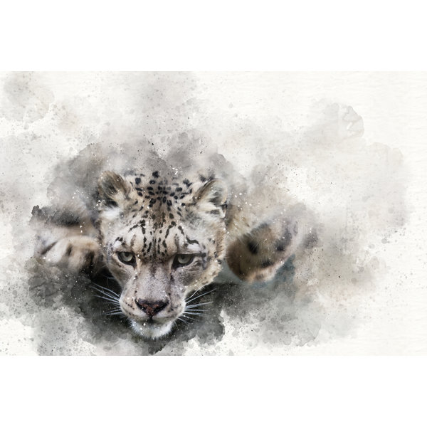Hokku Designs Steffan Pouncing Snow Leopard On Canvas Painting | Wayfair