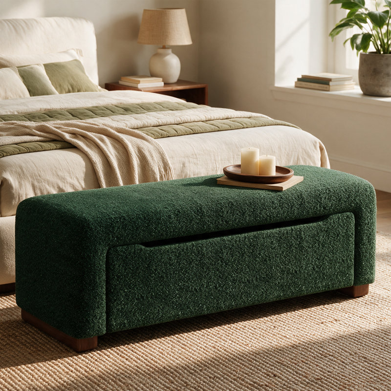 Banc de rangement rembourré bouclé de 47,2 po avec couvercle relevable et pieds en bois massif, Vert