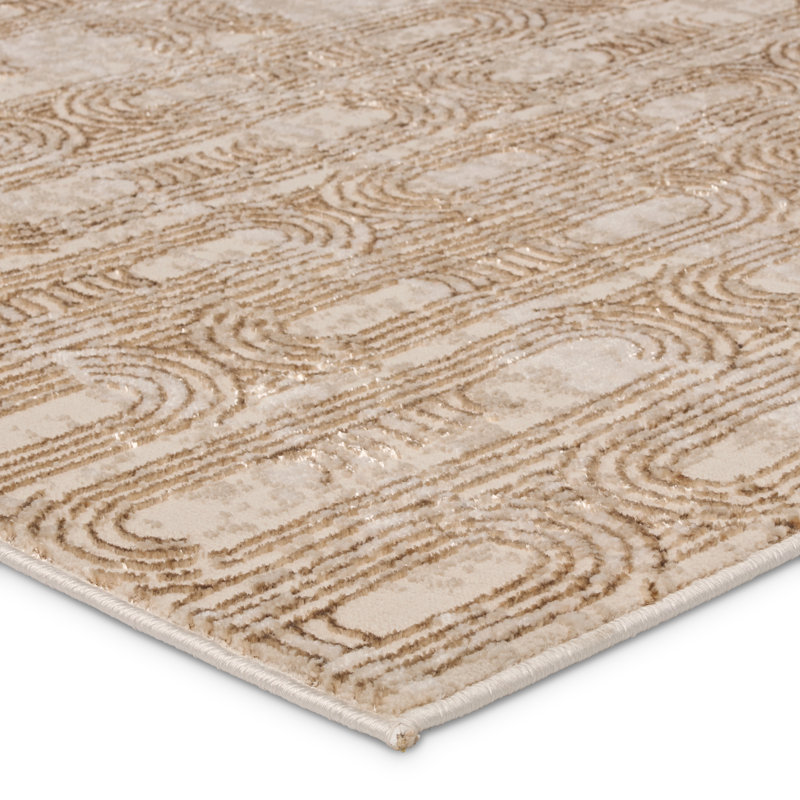  Tapis géométrique tissé à la machine en polypropylène / polyester doré / beige, Rectangle 5 pi x 7 pi 6 po