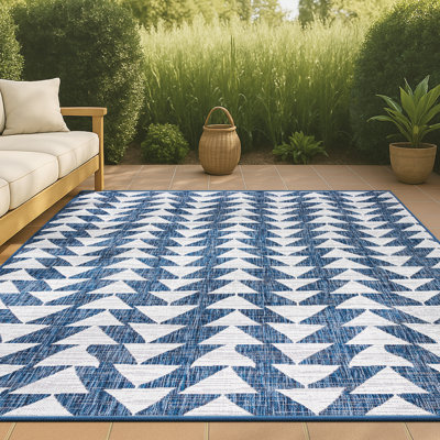 Yahoue Modern Tribal Geometric Ivory/Blue Indoor/Outdoor Rug