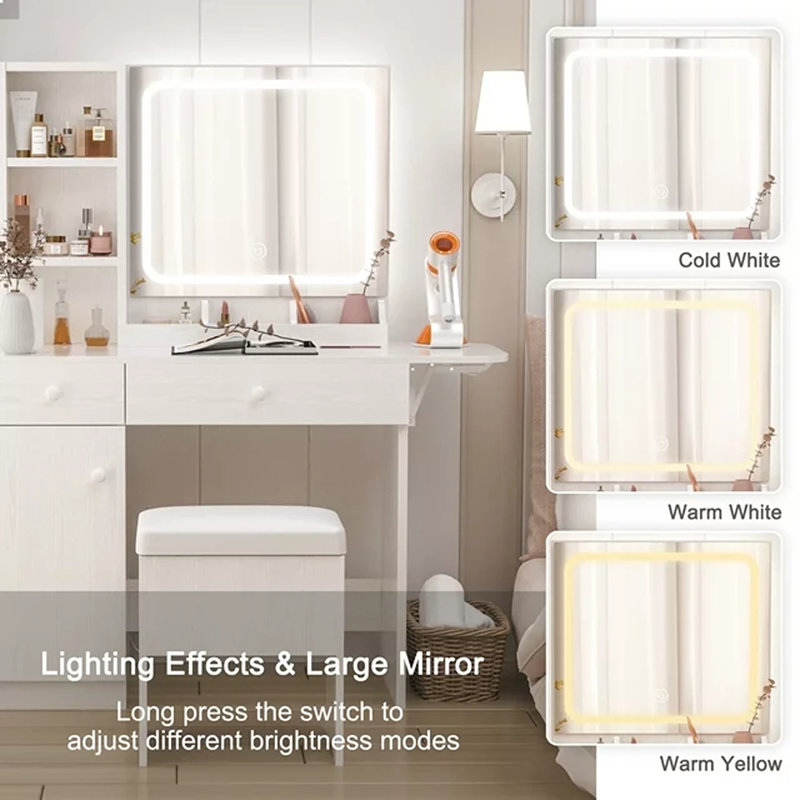Vanity Desk Set with LED Mirror & Power Outlet