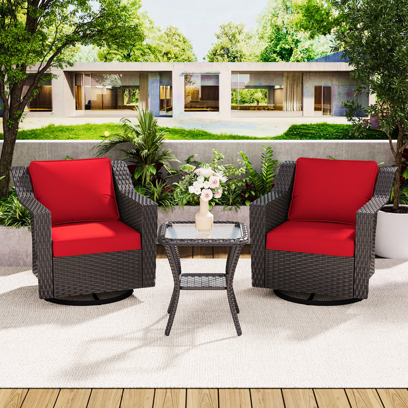Ensemble de conversation pour patio 2 personnes avec chaises berçantes pivotantes et table en verre trempé, Rouge