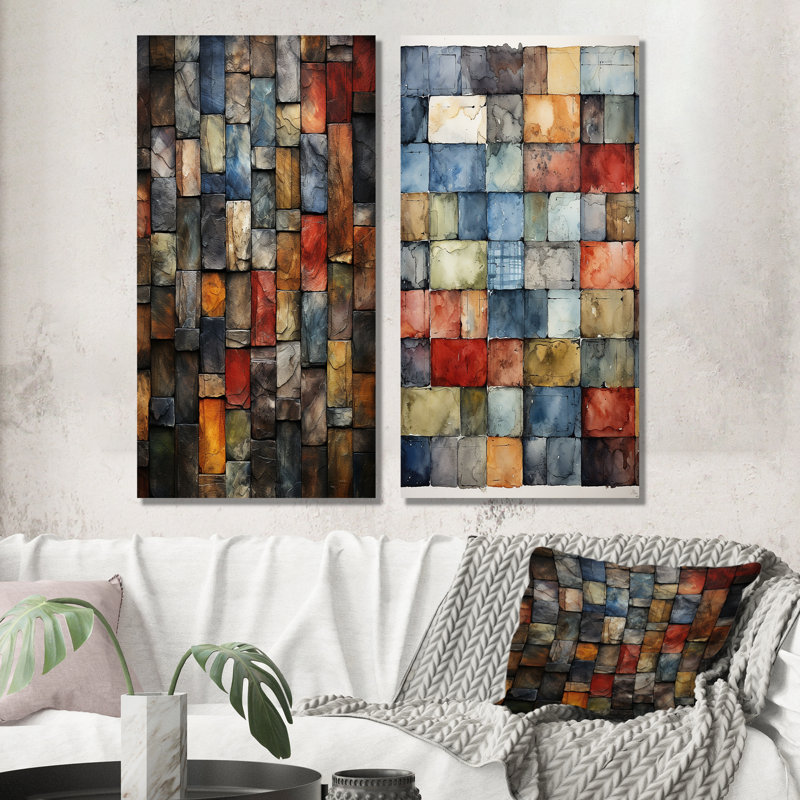 «Colorful Earth Colors Tiles II», ensemble de 2 reproductions d'art mural, H 32 po x l 32 po