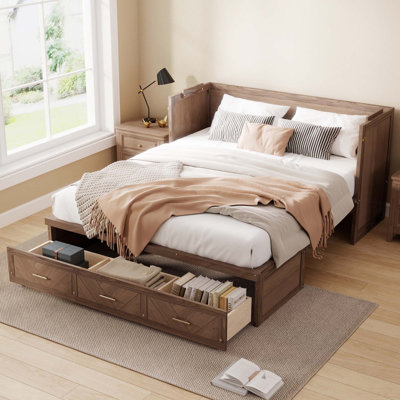Queen Size Murphy Bed, Pine Wood Cabinet Bed With Built-In USB Charging Station And Geometrical Decoration Panel