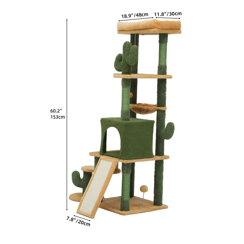 ?60In Cactus Cat Tree, Multi-Level Tall Cat Tower For Indoor Cats, Large Cat Condo For 2-3 Cats