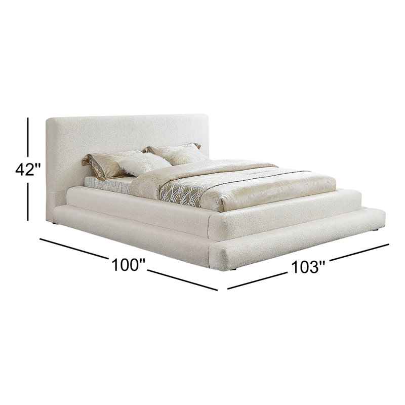 Hoffarth Upholstered Platform Bed, King, Cream Faux Shearling Teddy Fabric