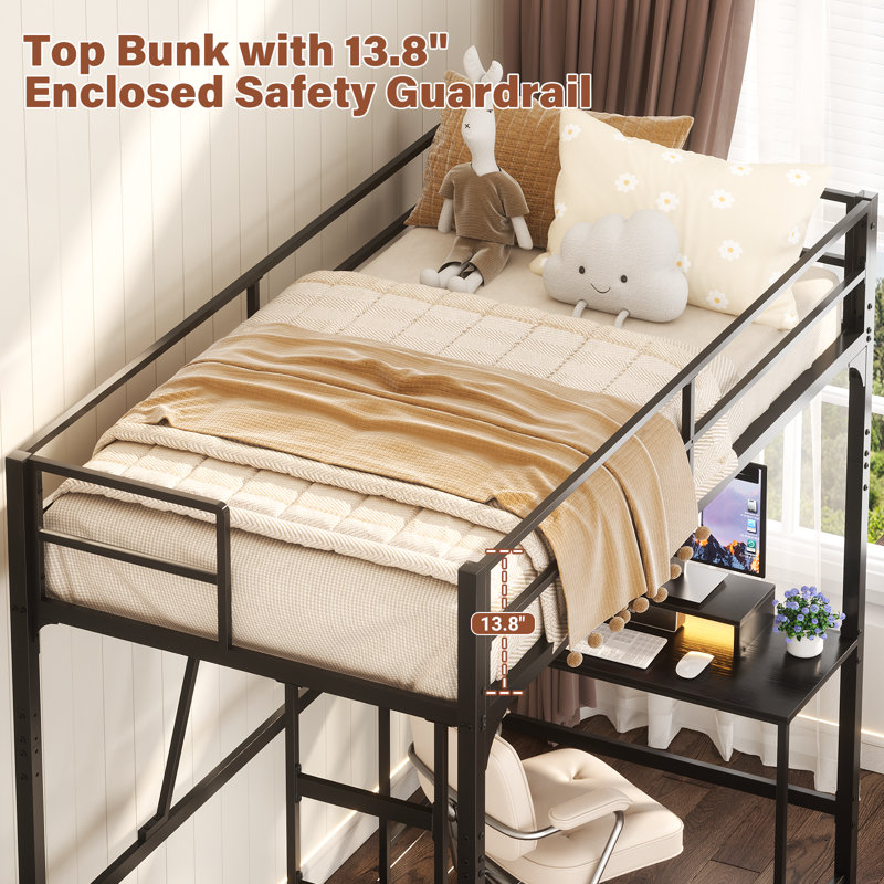 Loft Bed Twin Size with Desk, Power Outlet and LED Lights