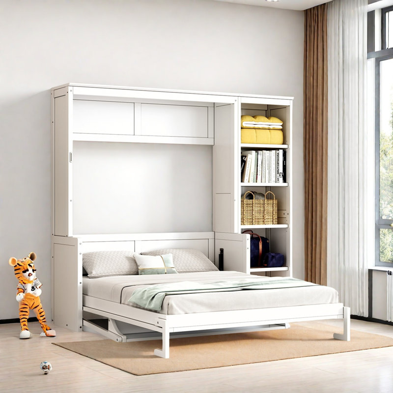 Lit escamotable avec bureau et tablettes Murphy, Lit double, Blanc