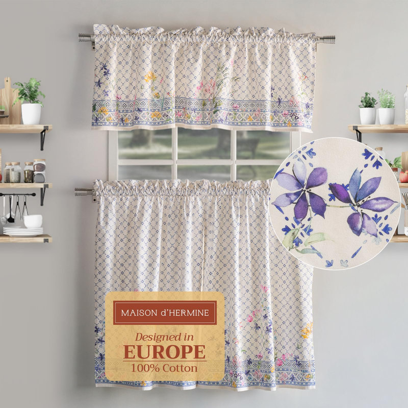 Rideau de cuisine 100 % coton Faience Maison d'Hermine - Cantonnière 56" X 18" et étage 28" X 36"