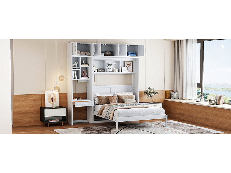 Lit escamotable mural avec bureau, armoire supérieure et tablettes de rangement, lit pliable peu encombrant, Blanc, Grand lit