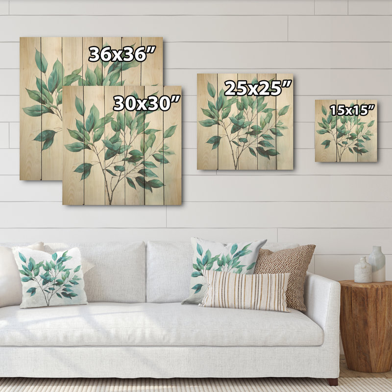 «Teal Tendress Subtle Leaf Impressions I», art mural sur bois de pin naturel, H 36 po x l 36 po