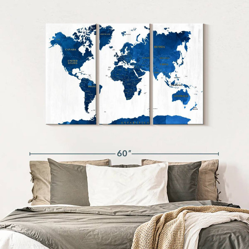 «Blue Textured World Map», reproduction sur toile, H 32 po x l 50 po x 1,25 po
