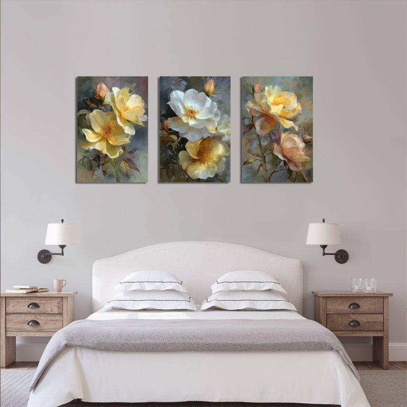 Tableau élégant à motif floral de roses jaunes sur toile tendue (lot de 3), H 36 po x l 72 po