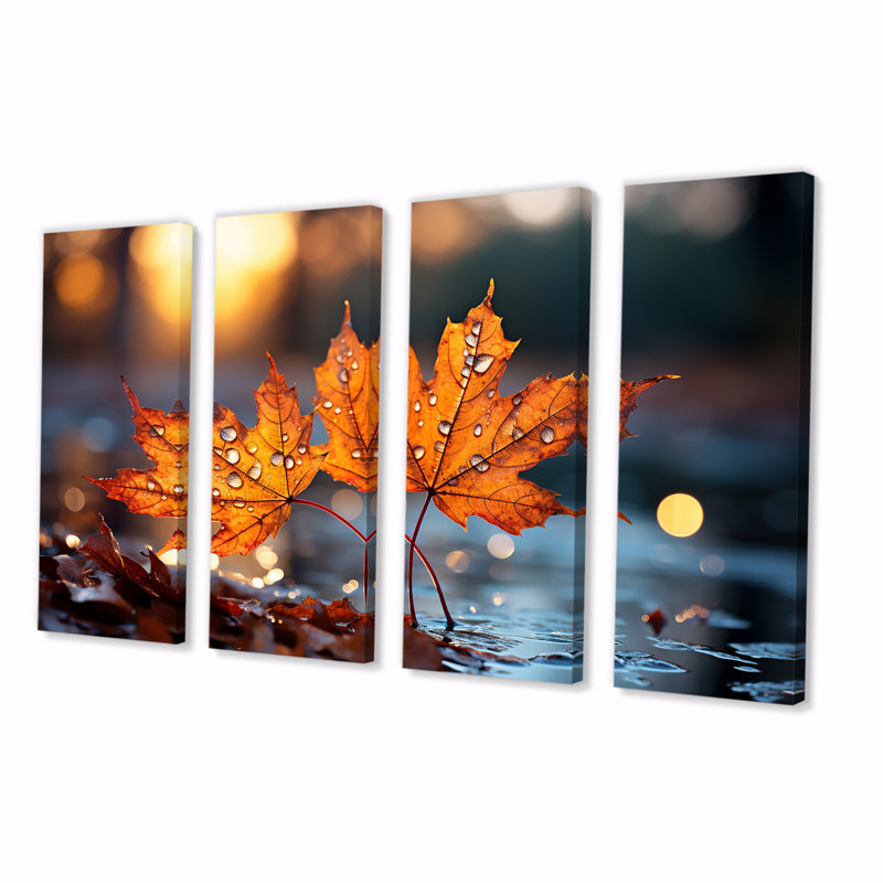 «Orange Autumn Maple Leaves III», ensemble d'art mural 4 pièces érable, H 28 po x l 48 po