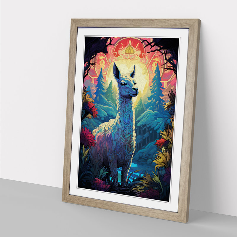 Llama Nouveau - Single Picture Frame Print on Wood, Oak Framed, 34cm H x 25cm W x 2cm D