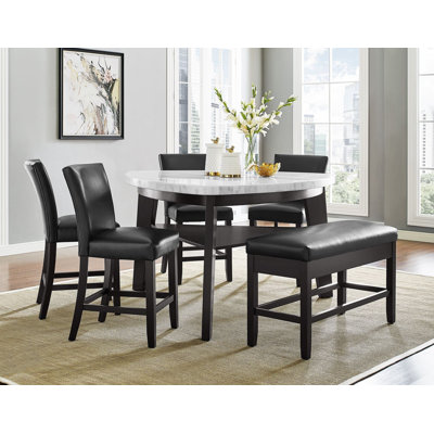 Carrara 6-Piece Marble Counter Dining Set(Table, Storage Bench & 4 Counter Chairs)