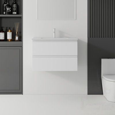 Meuble-lavabo flottant avec lavabo, tiroir à fermeture en douceur, lavabo en céramique, contreplaqué
