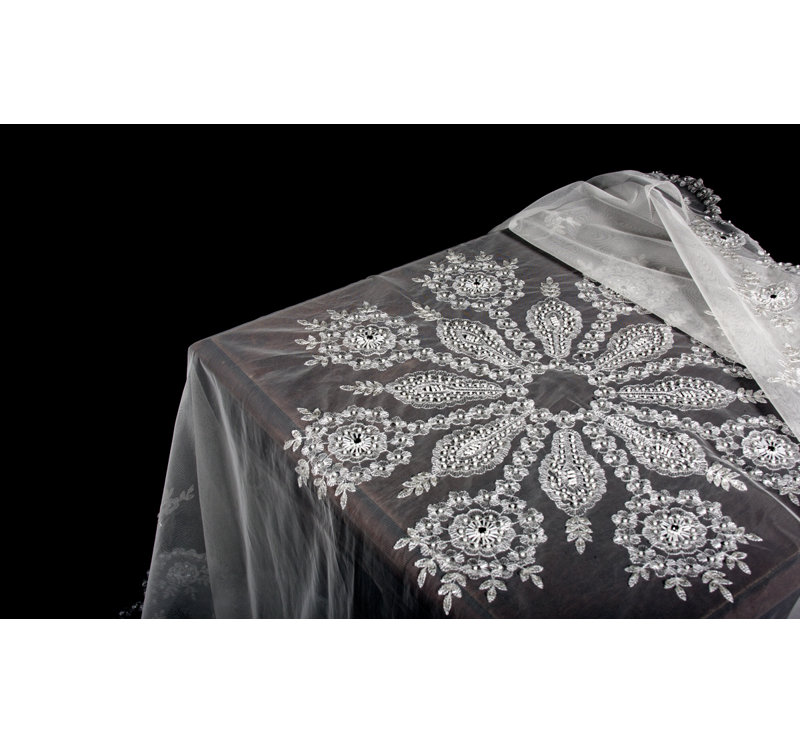 80" x 80" White Lace Embroidered Tablecloth with Beaded Accents