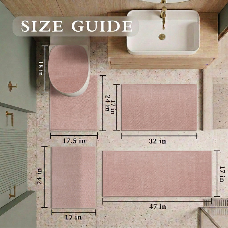 5 Piece Textured Linen-Look Bath Rug Set with Non-Slip Backing, Pink